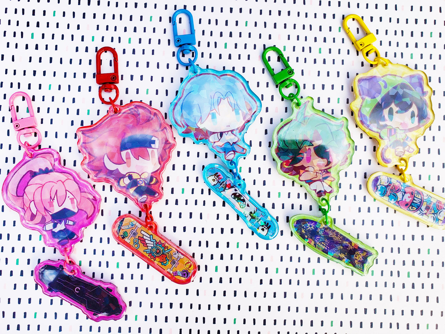 SK8 the Infinity: Cute Skater Hologram Colorful Keychains w/ Skateboards Attached