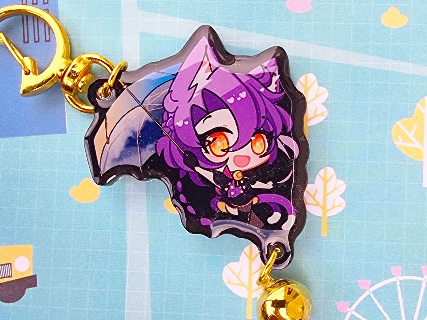 Nekomata Twins: Black Double-Epoxy Glitter Acrylic Charm w/ Bell