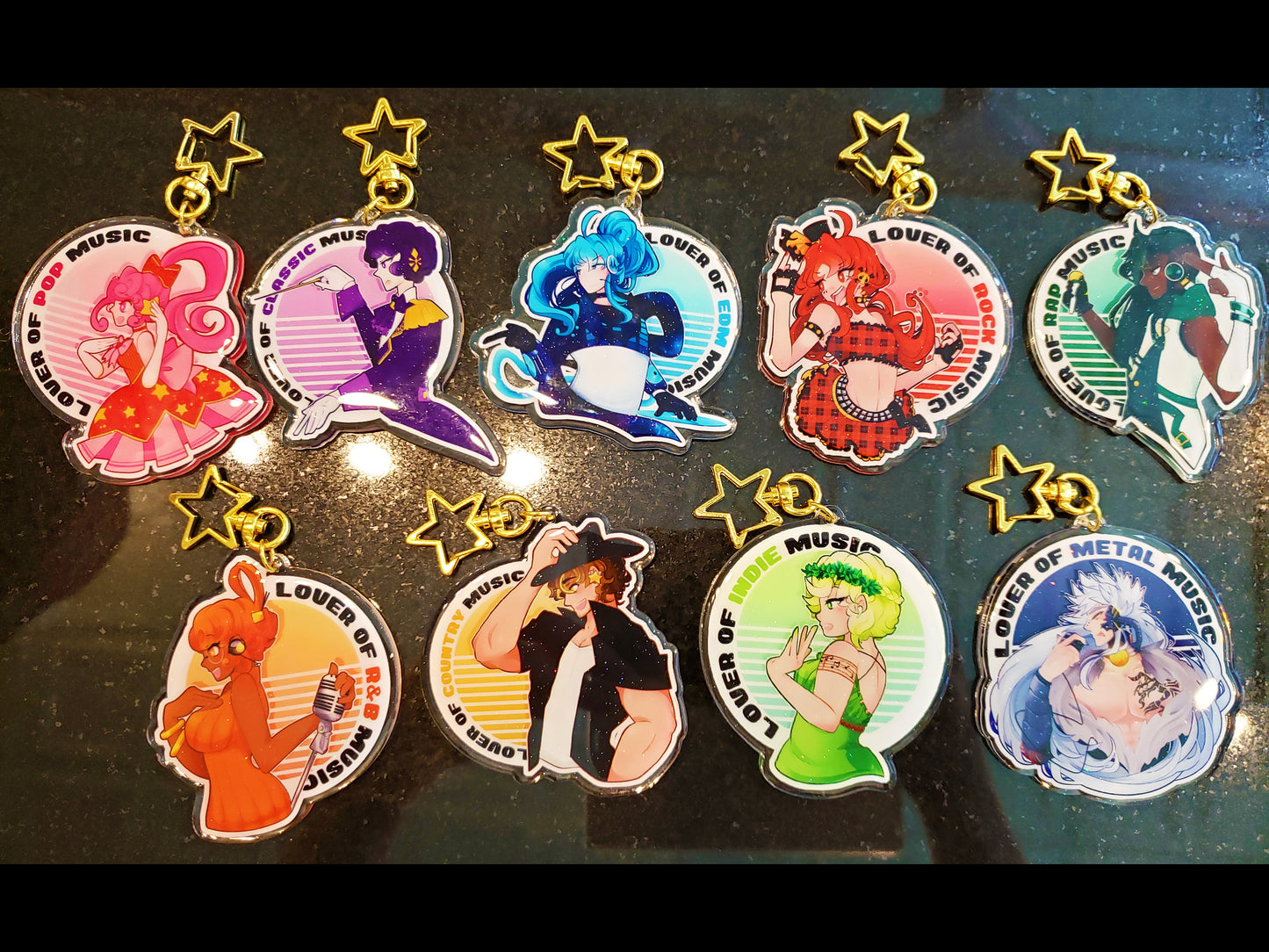 Favorite Music Genre Keychains! Sparkly Glitter Epoxy and Double-Sided!
