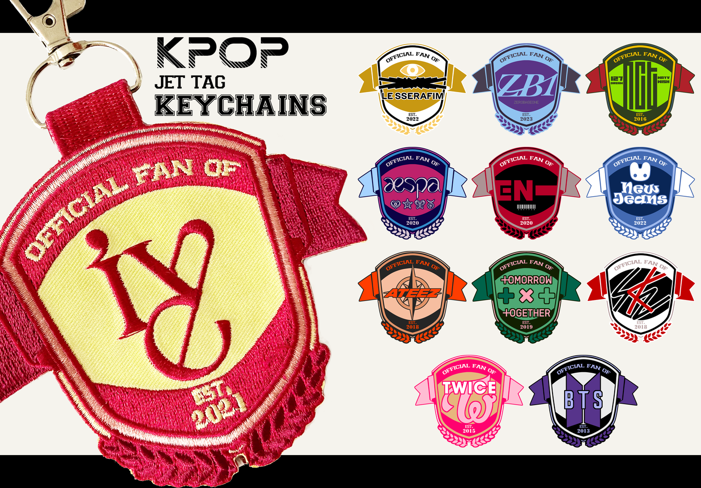 K-Pop Jet Tag Embroidered Keychain - College Emblem Style, Double-Sided