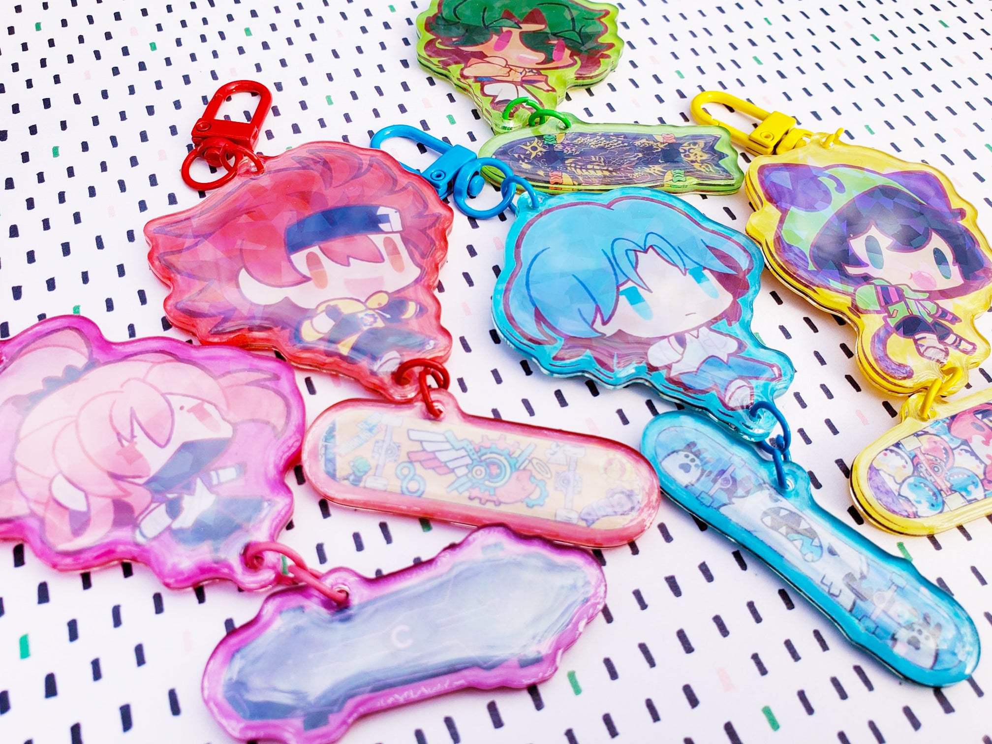 SK8 the Infinity: Cute Skater Hologram Colorful Keychains w/ Skateboards Attached