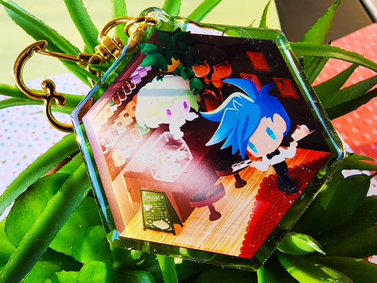 Promare Isometric Couple's Coffee Cake Cafe [ Galo Thymos x Lio Fotia ] Glitter + Double-Epoxy Keychain