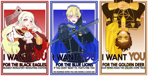 I WANT YOU! Recruitment Posters: FE3H Fire Emblem Three Houses 11 x 17 Posters Black Eagles, Blue Lions, Golden Deer or Pikmin Postcard